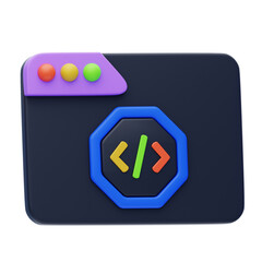 3D abstract icon representing coding and web development with colorful symbols on a dark interface against a transparent background