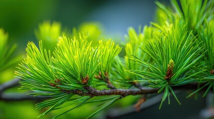 Wall Mural - Vibrant Green Pine Needles Sprouting on a Branch in Springtime, Representing Growth and Renewal