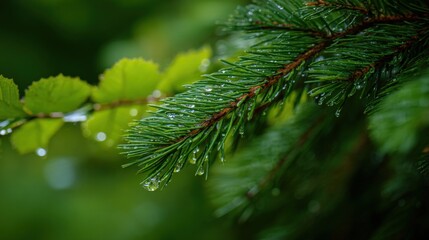 Wall Mural - Close-up of Evergreen Branch with Water Droplets Sparkling in Natural Light, Ideal for Nature-Themed Projects