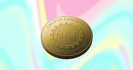 Wall Mural - Floating gold-colored NFT coin hovering over pastel gradient background, with circuit pattern text