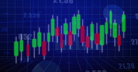 Wall Mural - Floating candlestick chart hovering above virtual blue grid plane, with numeric labels and bars