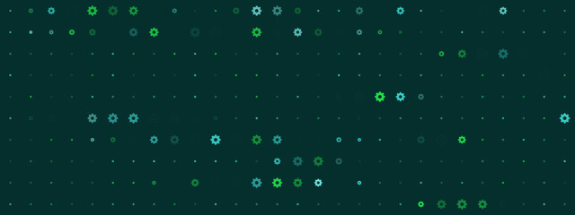 Abstract digital background with scattered green and blue gear icons on a dark teal grid pattern, representing technology, innovation, and engineering concepts.