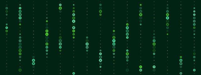 Abstract digital background with vertical lines of glowing green and blue gears and dots, representing technology, data, and engineering concepts.