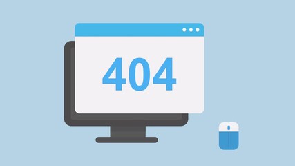 Computer showing page error, 404 error, Page not found on server 2d animation with alpha matte