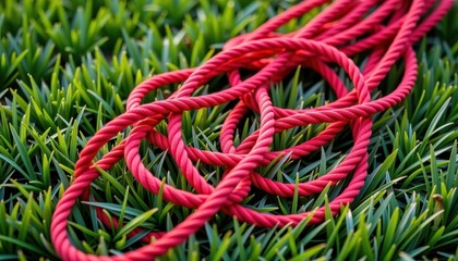 Wall Mural - Crimson ropes lie tangled on a vibrant green lawn, creating a visually striking, abstract pattern, red string, crimson, red ropes