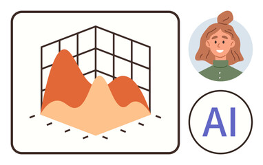 Wall Mural - 3D graph representing data trends, smiling female avatar, and AI text. Ideal for analytics, machine learning, data trends, AI applications, monitoring visualization and technology. Simple flat