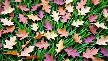 Wall Mural - Dry brown oak leaves scattered on vibrant green grass, autumnal nature detail, overhead, nature, decay