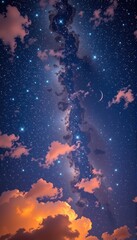 Wall Mural - Vast night sky adorned with soft, fluffy white clouds and countless twinkling stars, wispy, universe