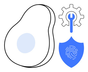 Wall Mural - Half avocado outline, gear with wrench, and shield with fingerprint. Ideal for healthy living, tech solutions, security, innovation, biometrics, sustainable practices simple flat metaphor