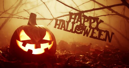 Wall Mural - Happy Halloween text hanging in mysterious wilderness covered in dense smoke and fog. Dramatic smoky atmosphere around glowing carved pumpkin with a scary face for spooky Halloween background.