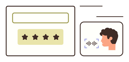 User giving voice input with sound wave animation, rating system with stars. Ideal for AI, voice recognition, feedback, reviews, technology, UX design, simple flat metaphor