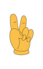 Wall Mural - Groovy cartoon hand in retro style forms a peace sign as a yellow sticker symbol. Hippie and y2k influence shape this playful groovy element, perfect for bright and modern decor or trendy label.