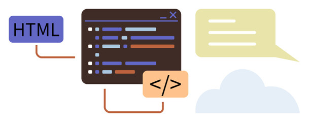 Code editor featuring colorful syntax, HTML tag, coding brackets, speech bubble, and cloud. Ideal for programming, web development, coding lessons, technical writing communication teamwork simple