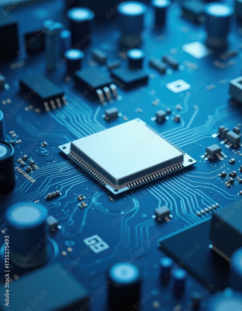 D render of a light blue circuit board with a blank white central chip ...