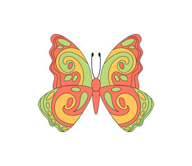 Wall Mural - Groovy retro butterfly with abstract patch and funky colorful orange style sticker. 70s y2k groovy element as vibrant sticker, playful accent for pop art themes and vintage creative decor.
