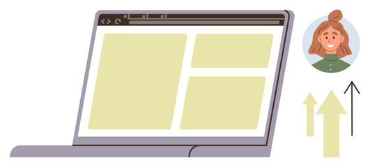 Open laptop with web layout next to smiling face portrait and upward arrows. Ideal for technology, web design, user analytics, online growth, personal branding, productivity, simple flat metaphor