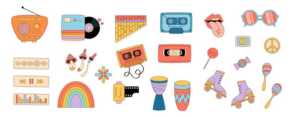 Wall Mural - Groovy retro music party sticker set in colorful y2k style. Cassette, radio, record and roller form a playful groovy element pack. Fun for festival or bright party collection themes.