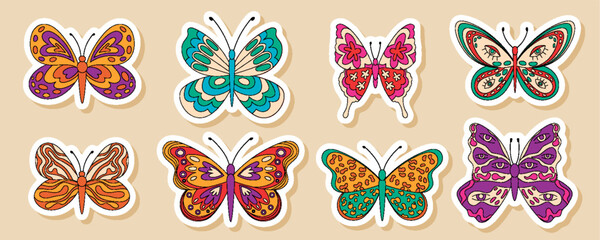 Wall Mural - Groovy retro butterfly sticker set with colorful and playful cartoon graphic style. Fun patch collection in y2k look, cute groovy element as vintage sticker pack for creative projects and trendy art,