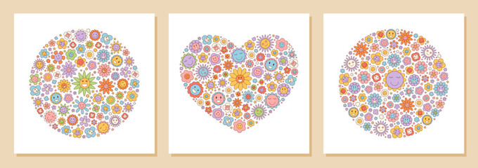 Wall Mural - Groovy retro flower heart set in a colorful y2k graphic style. Happy daisy shapes with cute smiles in circle and heart figure create a unique background. Modern fun pattern for playful design