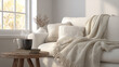 © AI_Vision - Cozy living room with white sofa light wool blanket and hot cocoa on wooden side table natural light inviting scene