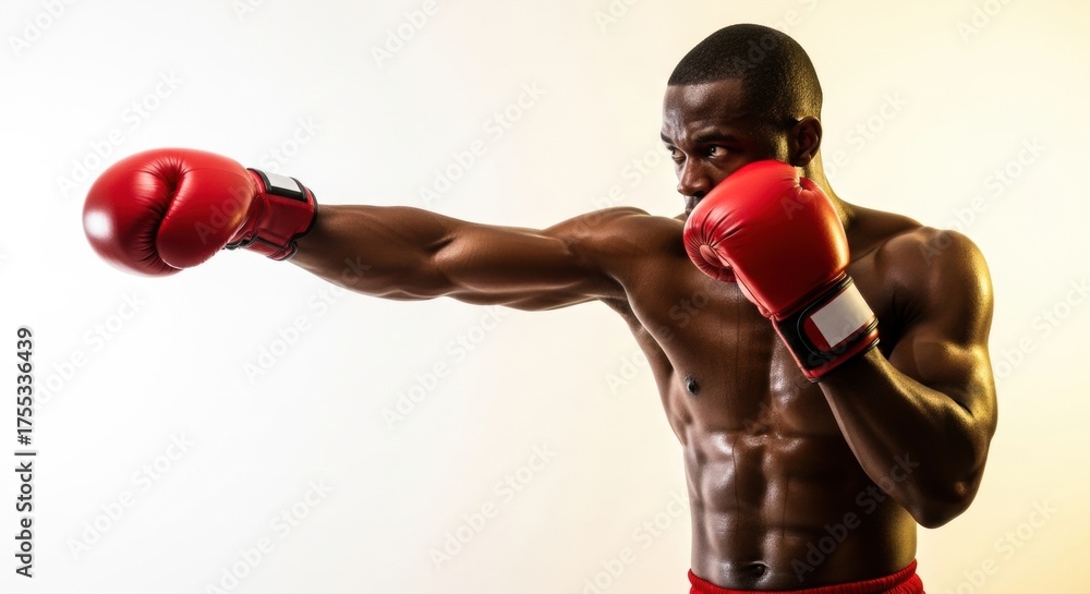 Muscular african american boxer throwing a punch with red boxing gloves ...