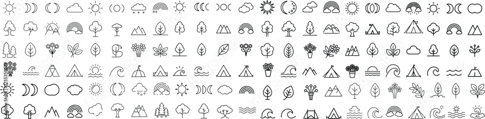 Simple line art icon set of nature and outdoors elements, including ...