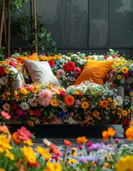 Wall Mural - Summer park landscape with a colorful bench and blooming flowers