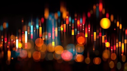 abstract colorful bokeh glowing lights background soundwave stock market yellow orange fuchsia blue black backdrop graph glow 