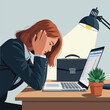 © Lucky-94 - Woman in dark suit holding head in frustration at desk with laptop and briefcase vector