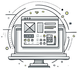 Hand drawn illustration of a website wireframe for UI and UX design on a desktop computer monitor