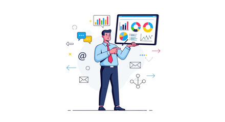 Businessman Shows Business Analytics Data Charts for Finance and Marketing, Illustrative Concept
