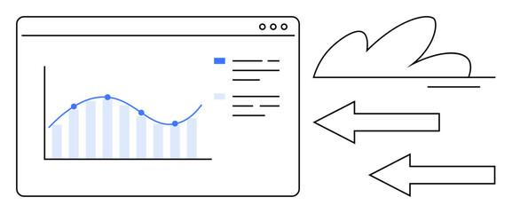Window interface displaying analytics chart, data points, and cloud with flow arrows. Ideal for data analysis, cloud computing, technology, business growth, trends, innovation and a simple flat