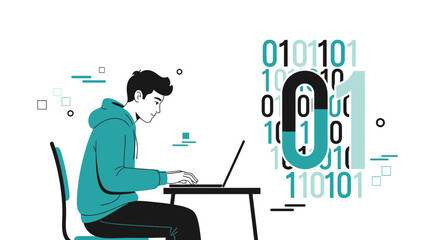 Digital Codes: A Developer Working on Futuristic Binary Code Programming Interface