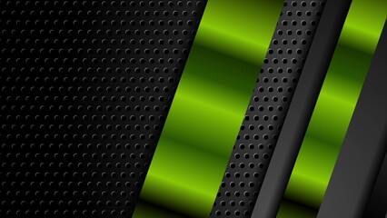 Wall Mural - Green and black glossy stripes on dark perforated background
