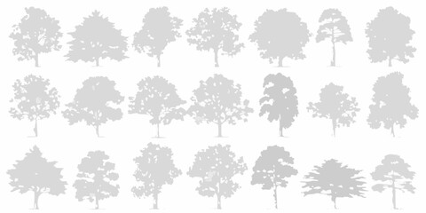 Collection of diverse tree silhouettes in various shapes and sizes on white background
