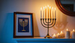 © Vera - Warm menorah glowing beside Hanukkah card on mantelpiece, celebration