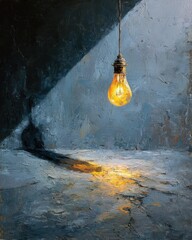 Canvas Print - Glowing Lightbulb Illuminating Dark Space in Oil Painting Style