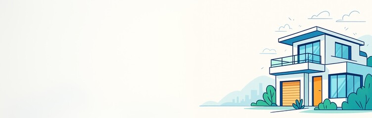 Wall Mural - Modern house illustration with blank copyspace on left side for banner or poster design template on light background in abstract clean style. Ai generative