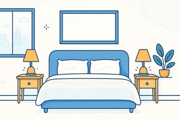 Wall Mural - Cozy bedroom interior with bed, nightstands, and blank frame for mockup or design display in minimal clean graphic layout style illustration. Ai generative