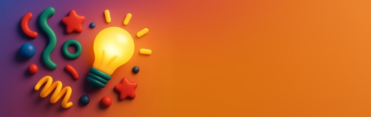 Wall Mural - Colorful abstract light bulb with playful shapes on orange background, creative template with empty copy space for design or banner concept. Ai generative