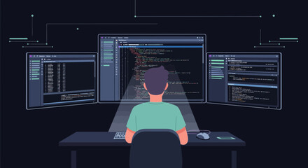 A programmer working on multiple monitors displaying lines of code in a dark room