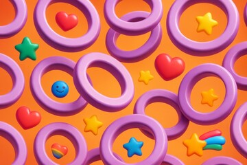 Wall Mural - Colorful abstract background with purple rings and cute 3D emoji-like shapes including hearts, stars, and smiley faces on orange backdrop. Ai generative