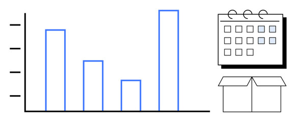 Bar graph showing trends, calendar for scheduling and planning, open box for logistics. Ideal for planning, analysis, forecasting, logistics, productivity business growth organization. Simple flat