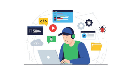 Illustration of a developer coding with laptop and coding icons for modern software development
