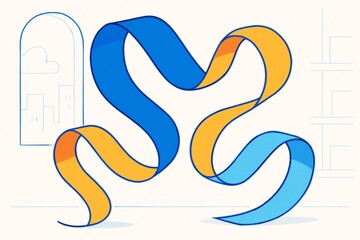 Wall Mural - Abstract ribbon shapes in yellow and blue floating in minimal indoor setting with light background and stylized window view in soft illustration style. Ai generative