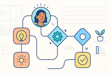 Abstract workflow illustration with icons and female avatar on light background showing process, ideas, settings, and tasks in colorful style. Ai generative