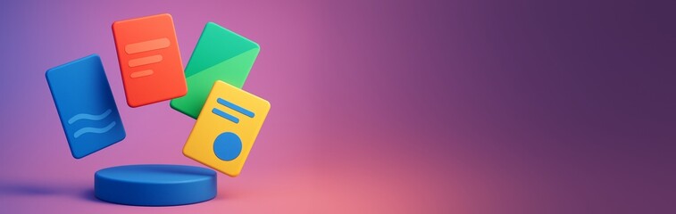 Wall Mural - Colorful geometric blocks floating above blue pedestal on gradient background with empty copyspace for abstract design or promotion concept. Ai generative