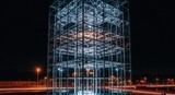 Detailed modern steel glass illuminated skyscraper structure architectural temporary pavilion urban night