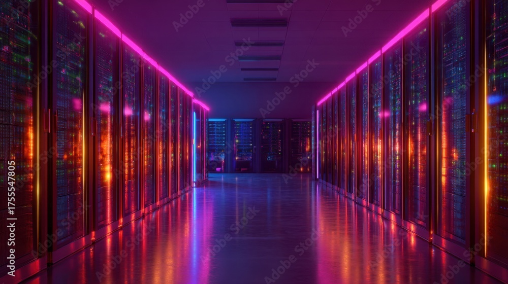 Futuristic Data Center Corridor with Colorful LED Lighting Reflecting ...