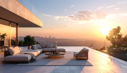 Wall Mural - Modern luxury terrace with cozy seating overlooking a sunset city skyline and serene landscape